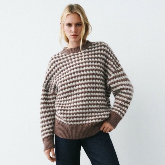 ZARA WOOL S Striped Chunky Knit Oversized Sweater - Picture 1 of 8
